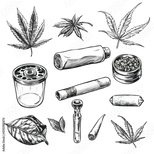 Hand-Drawn Sketch Weed Smoking Tools Set