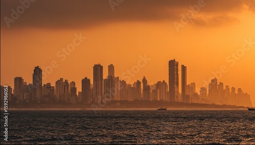 Fototapeta Naklejka Na Ścianę i Meble -  Silhouette city skyline at sunset over water