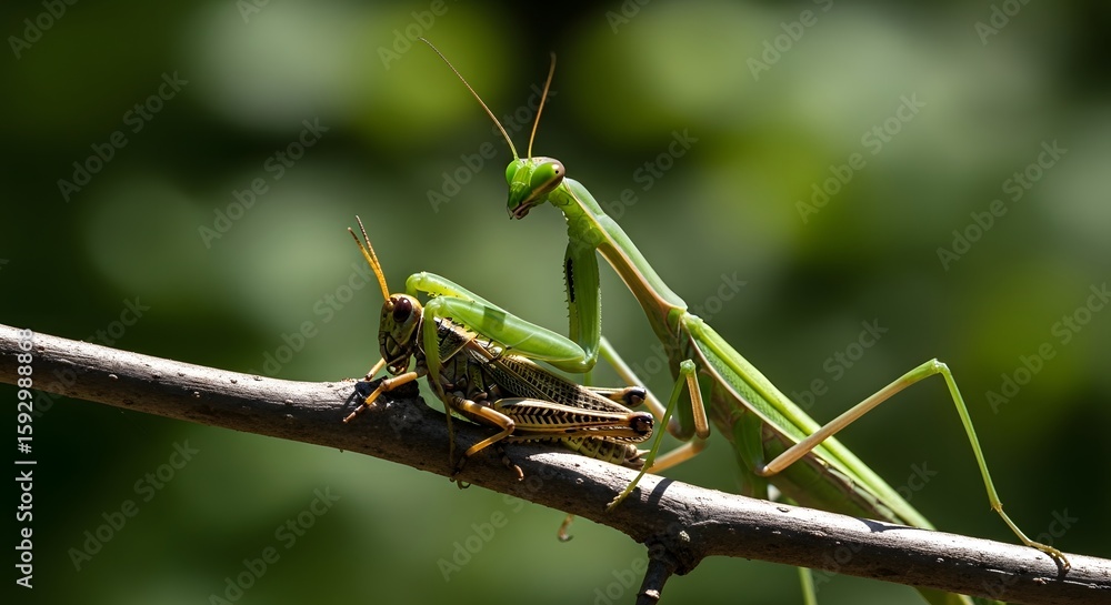 Fototapeta premium Praying Mantis Captures Grasshopper on a Branch in a Predatory Encounter