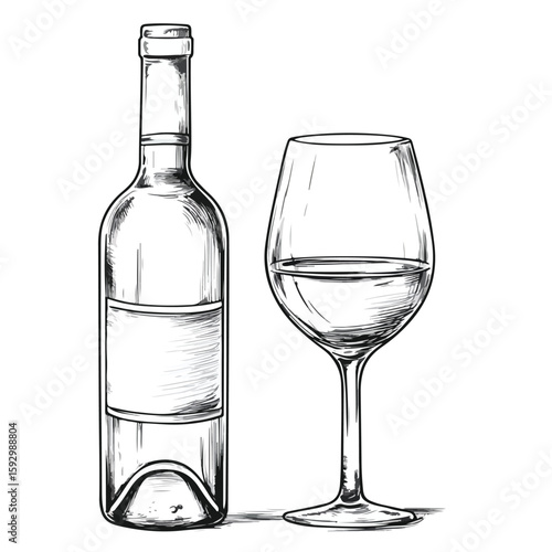 Detailed bottle and glass sketch illustration