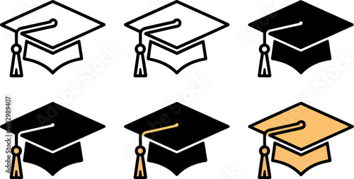 Vector art of graduation caps in various styles symbolize academic achievement and the pursuit of knowledge, isolated on white background