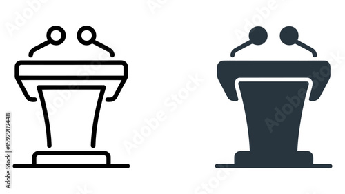 Vector art of a podium with microphones is shown, representing public speaking and presentations isolated on white background