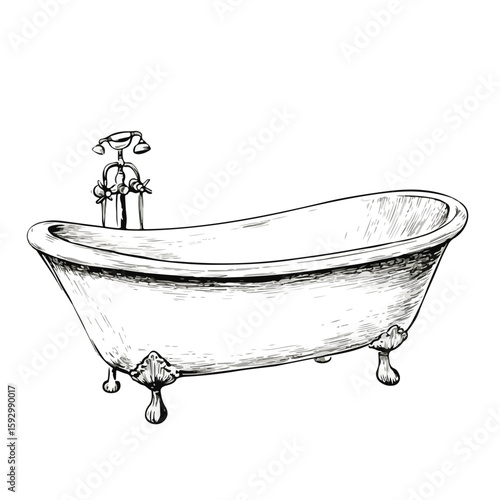 Vintage Bathtub Sketch on White Background