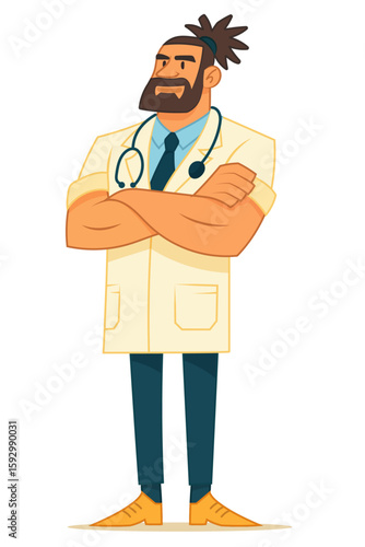 Strong male doctor with beard and man bun standing with arms crossed in medical coat