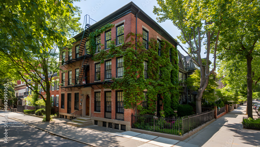 Naklejka premium Ivy-covered brick townhouse, charming urban street scene, summer sunlight, idyllic neighborhood, residential architecture.