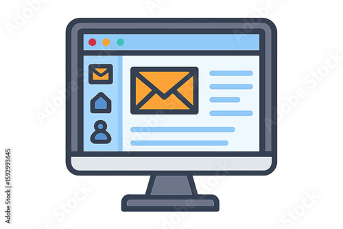 Email client software displayed on a computer screen as a flat icon represents a business concept incorporating office tools for planning, accounting, analysis, audit, project management, marketing