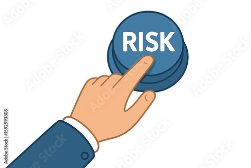 A vector illustration depicts a hand turning a risk level knob to its minimum setting, symbolizing risk management in business through a wireframe visual
