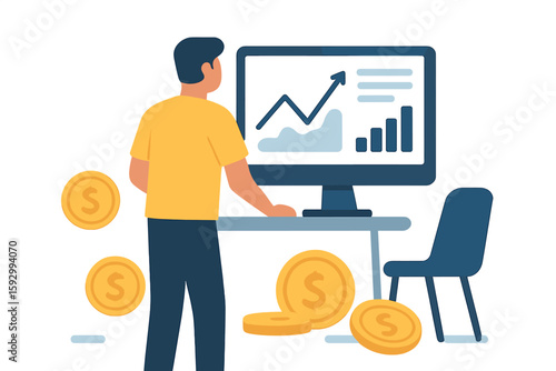 Characters are putting their money into the  market, analyzing various financial data, including graphs and charts, to make informed decisions about their investments, as depicted in a flat