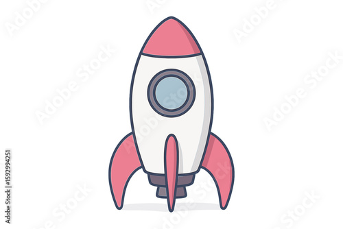 A vector illustration depicting a 3D style spaceship rocket in flight, propelled by a yellow flame emanating from its nozzles, symbolizing a toy rocket launch and representing successful startup and