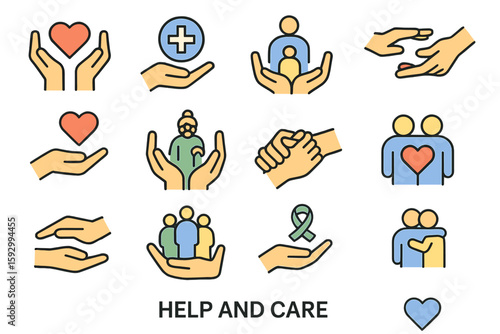 Thin line icons set for help and care: symbols representing support, assistance for children and disabled, unity, philanthropy and charitable donations, in vector illustration