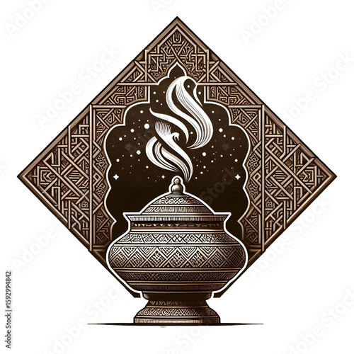 A traditional incense burner (Mabkhara) emitting smoke transparent background