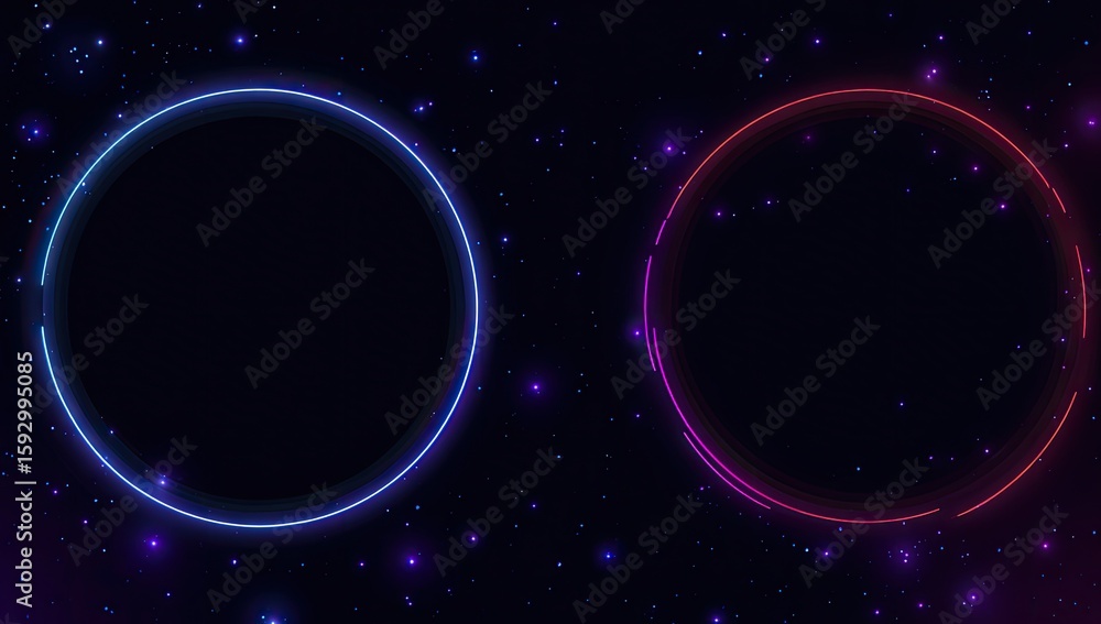 Obraz premium Two glowing neon circles on a dark starry background