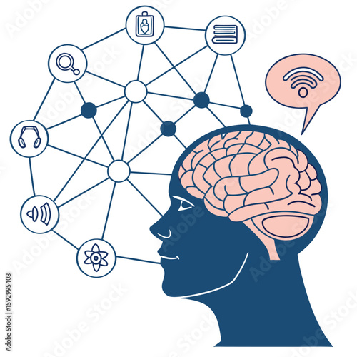 Human head with social network connections and technology communication concept illustration