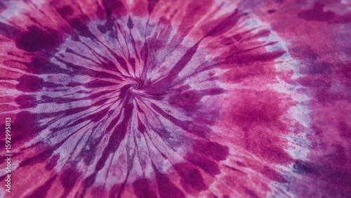 Close up of a tie dye pattern with pink and purple hues radiating from a central spiral design