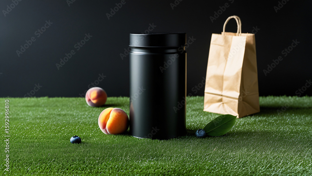 Naklejka premium Cylindrical Black Container with Orange, Peach, and Blueberry on Synthetic Grass