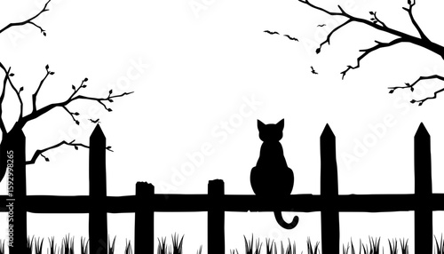 minimal cat silhouette sitting on wooden fence with tail down and back view