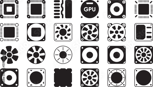 Computer hardware components and cooling fans vector