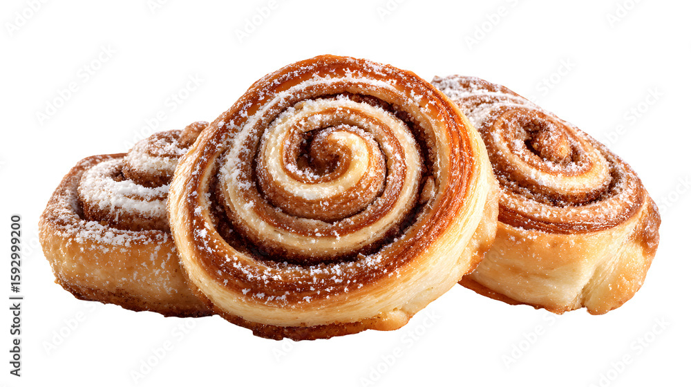 Fototapeta premium Cinnamon Swirl Buns with Icing Sugar Delicious Baked Goods Sweet Treat Indulgence