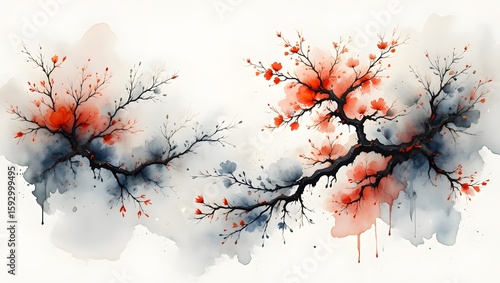 Watercolor painting of cherry blossom branches, japanese art, oriental style artwork