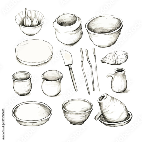 Pottery clay cutting process sketch illustration