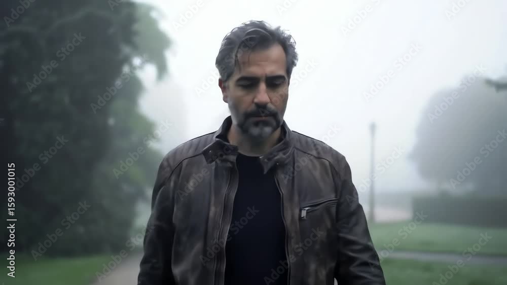 Pensive middle-aged man in a leather jacket walking through a misty park on a gloomy day Pensive middle-aged man in a leather jacket walking through a misty park on a gloomy day