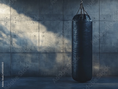 A dark, textured boxing bag on a chain. The background has a gritty, industrial feel.