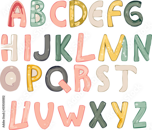 A–Z vector alphabet with soft, rounded letters in pastel tones. Perfect for nursery posters, kids’ designs and playful baby decor.