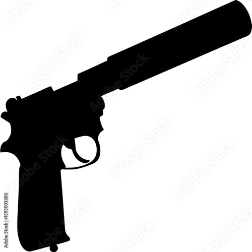 A black silhouette of a pistol with a suppressor attached. The suppressor extends from the barrel, adding a long rectangular shape to the form. The image is clean and stark, with no shading or detail.