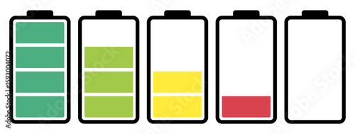 Set of battery level icons showing five stages from full to empty with green yellow and red colors indicating charge status suitable for UI design mobile apps and digital interfaces.