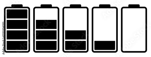 Set of battery level icons showing five stages from full to empty in black and white using solid fill indicators for power status and energy level.