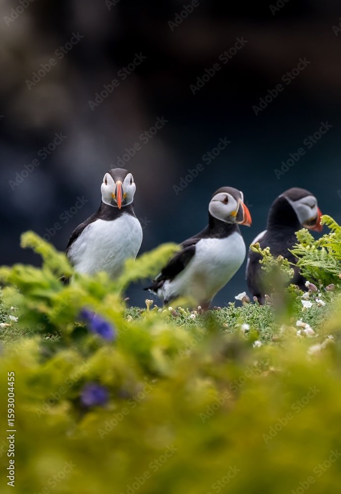 Fototapeta premium Three Puffins on Cliffside Meadow at Skomer Island, Wales