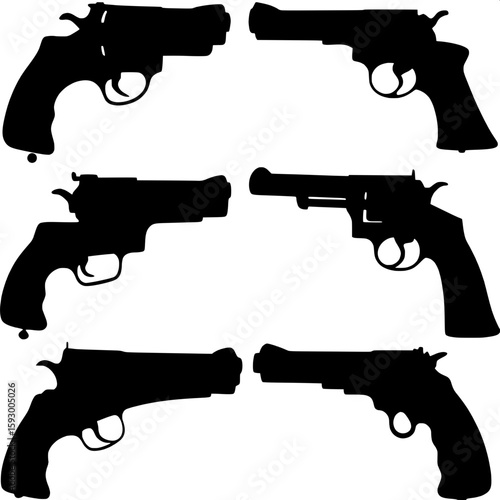 A collection of black silhouette handguns arranged in a grid layout. Each firearm is in a profile view with varying angles and styles, including revolvers and semi-automatics. The silhouettes are bold