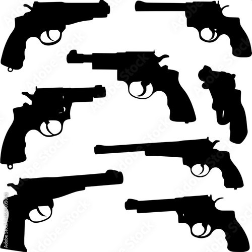 A collection of black silhouette handguns arranged in a grid layout. Each firearm is in a profile view with varying angles and styles, including revolvers and semi-automatics. The silhouettes are bold