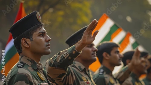 A group of Indian soldiers in uniform saluting during a ceremony. They display pride and discipline, with the Indian flag in the background.