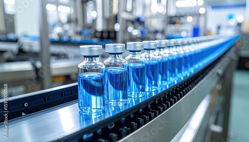 Pharmaceutical vials moving on an automated conveyor belt in a cleanroom