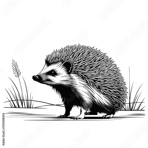 Hedgehog in black and white style with grass background