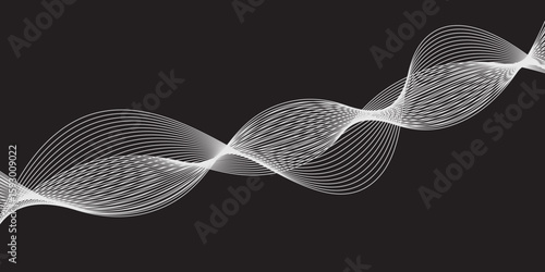 Blue digital light waves illuminate a DNA helix pattern on a black background, creating a futuristic technology concept illustration