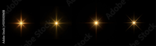 A collection of four bright, glowing gold stars shine on a black background with lighting effects like glare, sparkles, flashes and dust - perfect for celestial or holiday designs. Christmas 