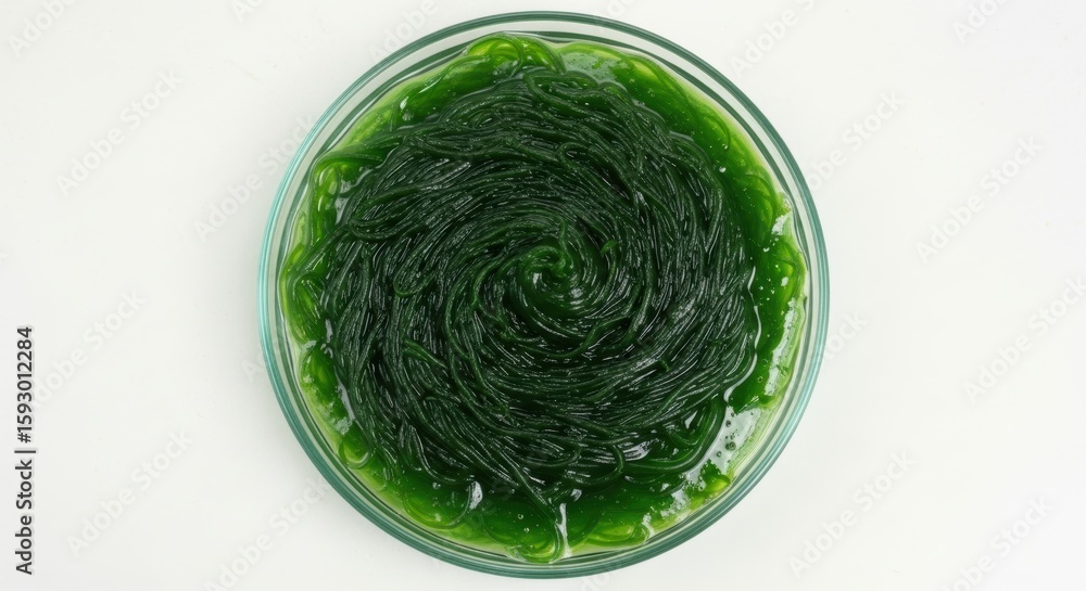 Obraz premium Spirulina algae in eco-friendly glass dish with vivid green swirl pattern