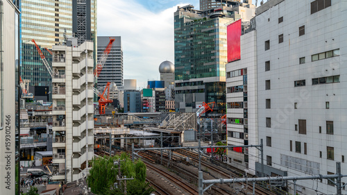Photography Train stopping at Shibuya train station Tokyo railway station
