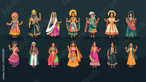 Traditional Hindu persons in flat vector illustration
