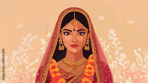 Hindu Bride Flowers Flat Vector Illustration