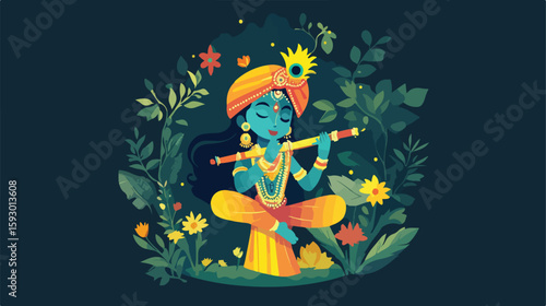 Divine Lord Krishna playing flute peacefully