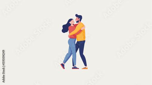 Joyful couple hugging in flat illustration