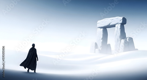 A figure in a cape walks towards a stonehenge like structure in a foggy white landscape setting