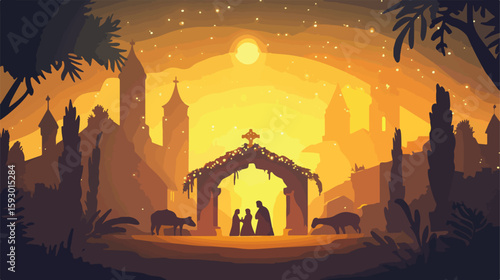 Christmas lettering with Holy Family illustration