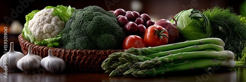 Fresh assortment of vegetables and garlic displayed in a woven basket on a wooden table