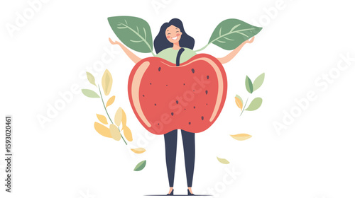 Smiling woman holding large apple illustration