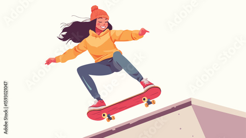 Joyful young girl skateboarding on ramp