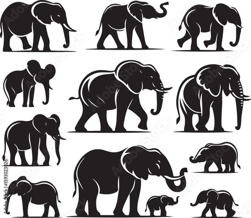 set of elephants silhouettes vector